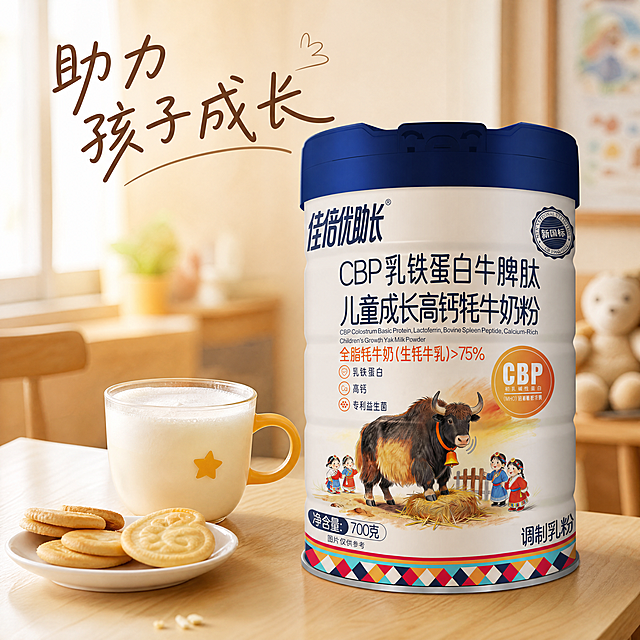 [主图-4] 儿童成长营养场景展示。氛围风格：温馨生活化场景，代入感强；画质：商业摄影质感、光线柔和通透、产品清晰真实、画面干净高级。元素：保持奶粉罐外观与输入产品图绝对一致，杜绝变形色差。奶粉罐放置在干净温馨的儿童餐桌一角，旁边放一杯冲调好的牦牛奶，牛奶表面有细腻奶泡，搭配儿童小饼干，背景模糊暖木色餐厅。整体自然不拥挤，产品主体突出。光影：暖调窗边自然光，温馨治愈，突出产品生活化信任感。配色：暖木棕浅米黄，搭配奶白色，柔和温馨。视角构图：平视自然抓拍视角，景深较浅突出产品主体。文字版式：左上角文案写"助力孩子成长"，暖棕色手写风格字体，自然不突兀。比例分辨率：1:1比例，4k分辨率，文字清晰可辨，超高清。负向提示词：变形，水印，文字错乱，产品图模糊，背景杂乱。