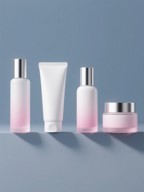 一张护肤品系列海报，纯色背景，4个不同的护肤品产品呈规整排布，每个产品都采用与原图相同的3D渲染风格，白色渐变至粉色的瓶身，搭配银色金属质感的瓶盖，光影效果柔和，高光和阴影过渡自然，整体呈现出简约、高端、清新的设计感，产品包括洗面奶、爽肤水、乳液和面霜，每个产品的瓶身形状和大小略有不同，但保持统一的风格和色调。预览效果