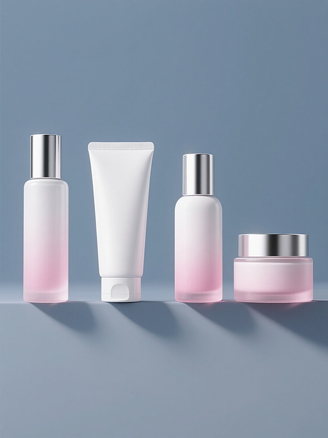 一张护肤品系列海报，纯色背景，4个不同的护肤品产品呈规整排布，每个产品都采用与原图相同的3D渲染风格，白色渐变至粉色的瓶身，搭配银色金属质感的瓶盖，光影效果柔和，高光和阴影过渡自然，整体呈现出简约、高端、清新的设计感，产品包括洗面奶、爽肤水、乳液和面霜，每个产品的瓶身形状和大小略有不同，但保持统一的风格和色调。