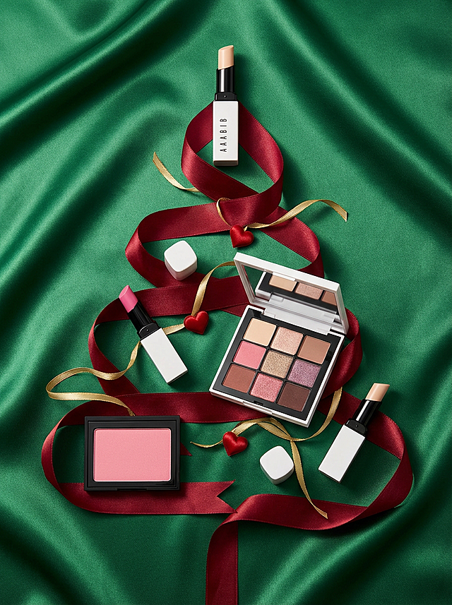 圣诞树造型的彩妆拼贴，红绿双色设计，丝绒质感与金属光泽交织，营造奢华喜庆氛围，浪漫唯美中透出时尚感。