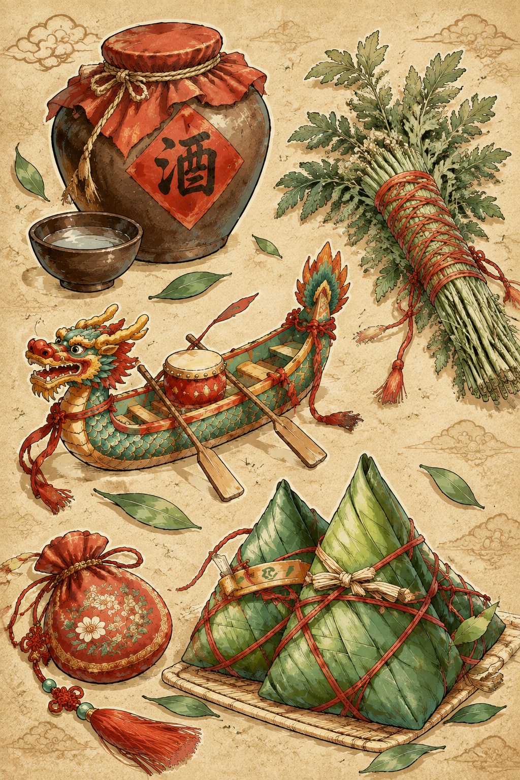 参考图1的国风复古手绘插画风格，做旧纸张质感，1:1.5竖版比… - 图片创意预览