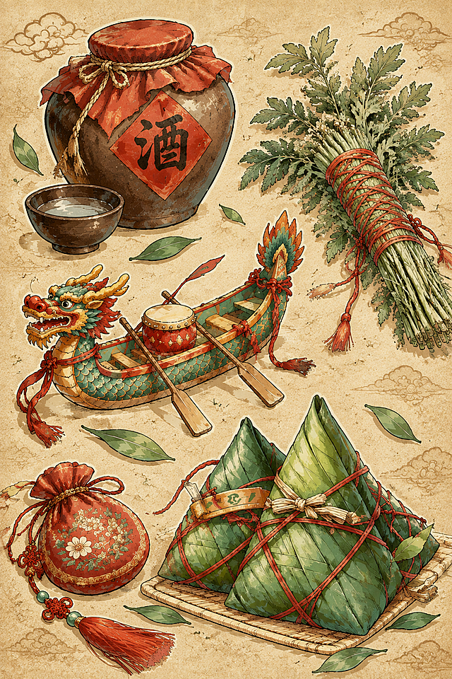 参考图1的国风复古手绘插画风格，做旧纸张质感，1:1.5竖版比例，浅棕黄色做旧牛皮纸底色，画面上错落平铺摆放端午节相关物件：粽子、迷你龙舟、带酒字的酒坛配小酒碗、用红线扎成一捆的艾草、刺绣香囊带流苏中国结，物件分布均匀错落有致，古韵国风手绘插画风格，线条清晰细腻，色彩温润古朴，高清细节，散落的粽叶和祥云暗纹点缀，整体氛围传统雅致