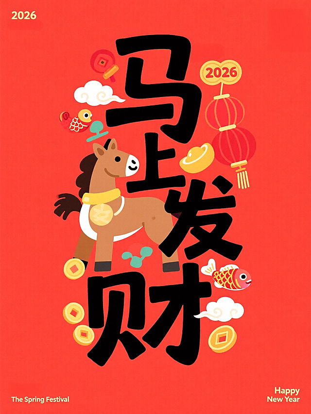 主体是竖版黑色 “马上发财” ，拙气扁平手写风格，上下保留一定边距。叠加于正红底色之上，字间穿插卡通棕马、锦鲤元素与元宝、铜钱、红灯笼、祥云符号，点缀 “2026”。四角辅以2026、The Spring Festival小字装饰元素。