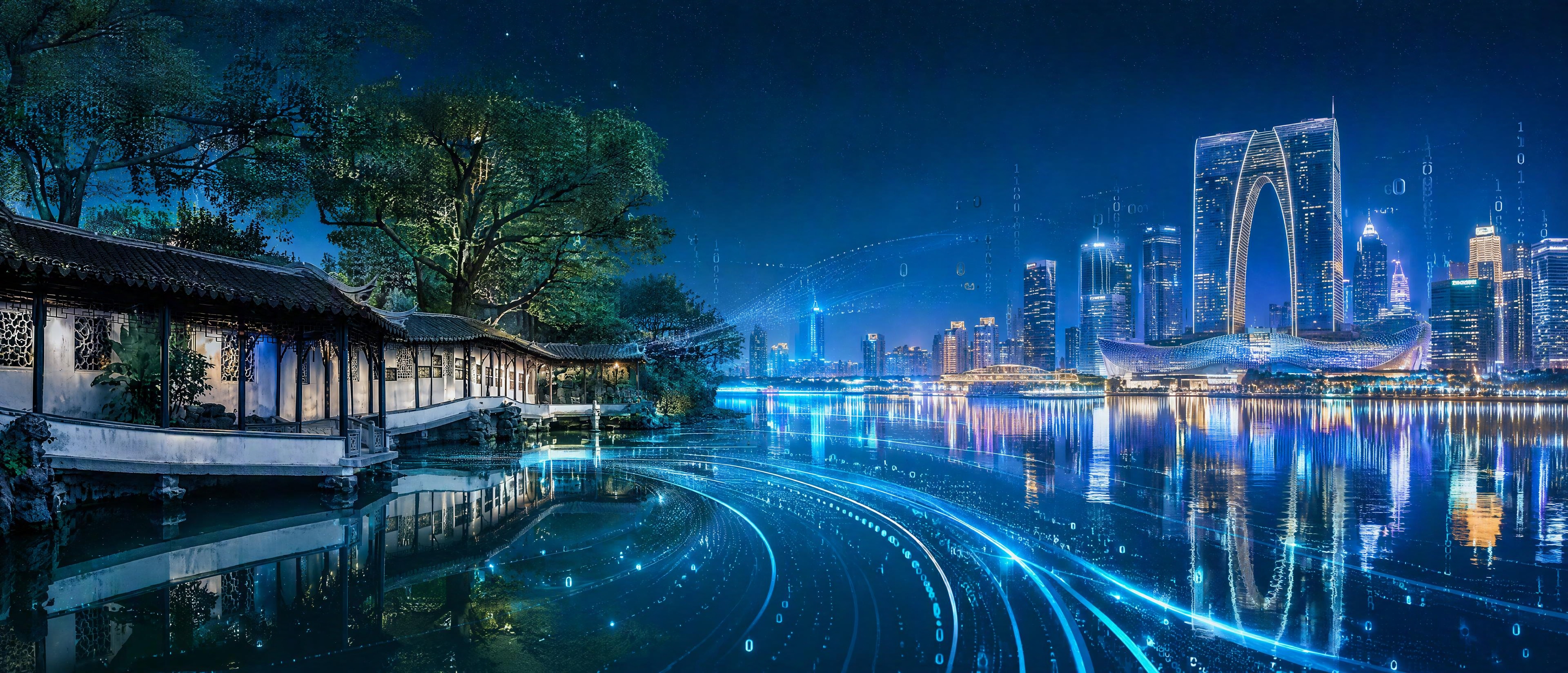 超宽幅大气背景图，苏州古典园林与现代城市夜景自然过渡融合。左侧… - 图片创意预览