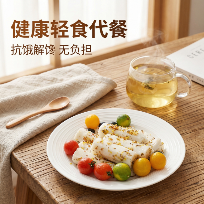 [主图 4] 桂花山药代餐场景主图，整体延续暖调风格，模拟日常餐桌温馨场景。将做好的桂花山药整盘放在干净木质餐桌上，旁边搭配一杯清茶，营造健康下午茶/代餐氛围，自然光线柔和温馨。左上角大字体标题“健康预览效果