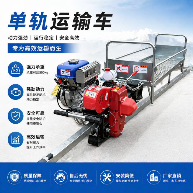 生产一张单轨运输车的商品海报，包含商品精简的信息图元素，无畸变，产品清晰突出，适合商业推广使用预览效果