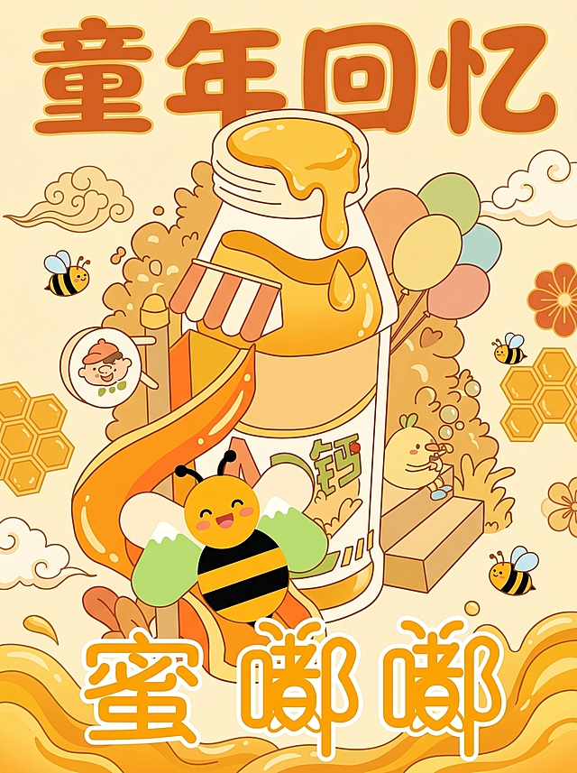 Q版萌系扁平化国潮卡通插画，蜂蜜产品主题商业插画，融合日系治愈系软萌风格，受众为年轻消费者，包含Q版萌系拟人化设计，整体采用高辨识度暖调治愈配色，融入用户提供的第二张图片中的"蜜嘟嘟"主题logo，画面体现蜂蜜甜蜜的产品调性，参考第一张的创意构图风格，产品放大结合卡通IP场景，国潮插画风格