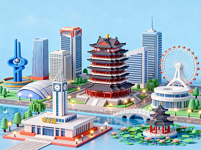 济南2.5D城市建筑群场景，画面中包含现代建筑、超然楼、泉城广场、天空之眼、大明湖等标志性元素，采用2.5D立体化的小建筑风格，呈现C4D场景，整体色彩明快，细节丰富，建筑造型卡通化且具有立体感，灯光效果柔和，背景为浅蓝色天空
