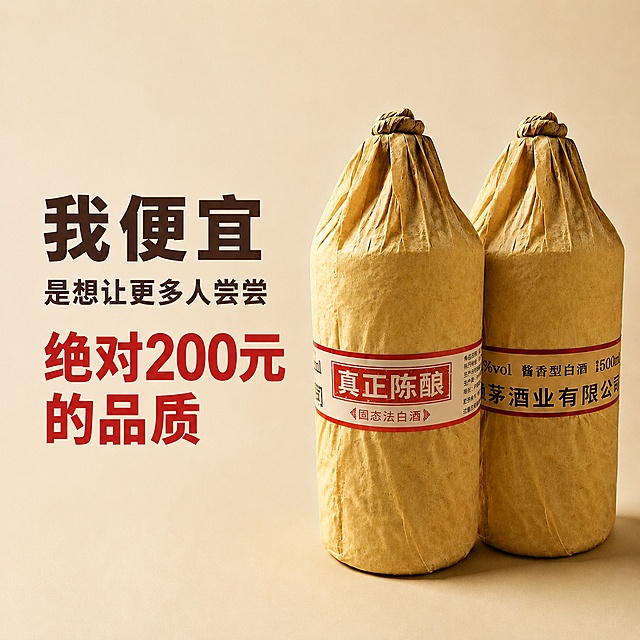 [主图-2] 修改两瓶白酒中的一瓶为真正陈酿标签款，保留原图所有文案、版式和背景风格不变。
保留左侧文案"我便宜 是想让更多人尝尝 绝对200元的品质"位置排版不变。一瓶保留原标签，另一瓶替换为"真正陈酿 固态法白酒"标签，保持标签信息和包装外观与参考图一致。其他元素和风格完全保留原图效果。1:1比例，文字清晰可辨，超高清商业摄影质感。
[负向提示词] 变形，文字错乱，产品图模糊，背景杂乱，水印，电商平台Logo。