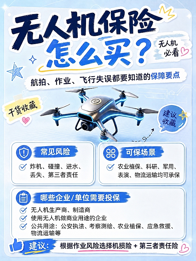 基于这张小红书风格无人机保险海报进行修改，保持整体视觉风格、无人机主体、顶部标题和装饰元素不变，只修改下方四个卡片模块的内容和布局：

1. 常见风险模块：保持不变，内容为"炸机、碰撞、进水、丢失、第三者责任"

2. 可保场景模块：更新内容为"农业植保、科研、军用、表演、物流运输均可承保"

3. 将原来的"选择重点"和"注意事项"两个模块合并替换为一个新的大模块，标题改为"哪些企业/单位需要投保"，内容为：
- 无人机生产商、制造商
- 使用无人机做商业用途的企业
- 公共用途：公安执法、考察测绘、农业植保、应急救援、物流运输等

布局调整为上方两个小卡片（常见风险 + 可保场景），下方一个横跨的大卡片（哪些企业/单位需要投保），整体排版协调美观，保持小红书种草手绘风格，蓝白配色一致。

底部建议条保持不变："建议：根据作业风险选择机损险 + 第三者责任险"

画面中所有文字必须清晰可读，所有信息区域填充完整，不得有空白。