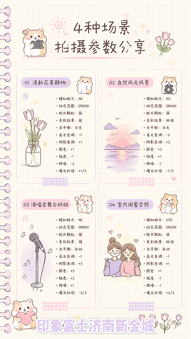 整体风格：清新ins手账笔记本，浅粉+浅紫网格纸张背景，简约手绘小图标，可爱卡通仓鼠表情包贴纸，干净柔和柔光，低饱和度马卡龙配色，高清小红书配图，文字排版清晰可读，无杂乱元素，每张图片右上角或底部固定叠加白色描边标题："印象富士济南新金城"

手机竖版9:16，ins手账方格内页，浅淡米白网格纸张，分左右两栏排版，简约小插画：花草、日落风景、演唱会麦克风、闺蜜人物简笔画，4组拍摄参数方框，分别是"清新花草静物"、"自然风光风景"、"演唱会舞台抓拍"、"室内闺蜜合照"，手写清单参数文字，少量粉色紫色点缀，柔和自然光，高清，画面底部叠加白色描边标题"印象富士济南新金城"

负向提示：扭曲文字，乱码，错别字，模糊文字，变形图标，水印，丑陋，噪点，昏暗，杂乱，多余物体，人物真人，照片写实