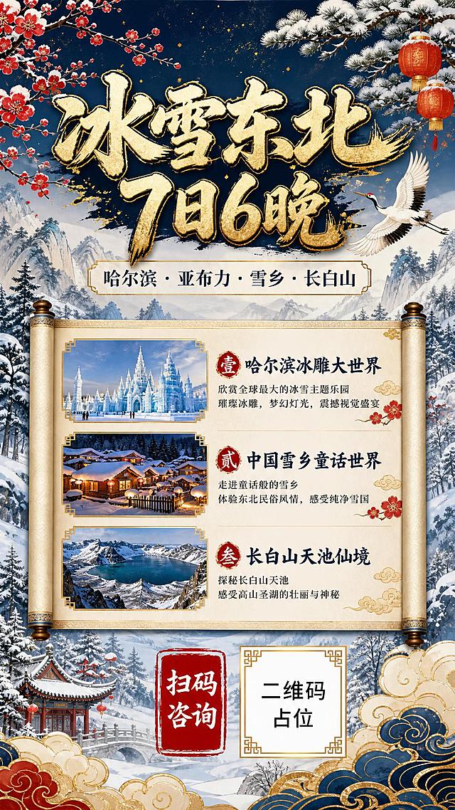 一张竖版旅游宣传海报，9:16比例，国潮新中式风格，主题是东北冰雪之旅。画面以中国传统工笔画风格呈现，白雪皑皑的东北山林，点缀红色灯笼、梅花、仙鹤等国潮元素。主标题"冰雪东北 7日6晚"用书法毛笔字体，金色描边，气势磅礴。副标题"哈尔滨 · 亚布力 · 雪乡 · 长白山"用宋体小字。中部用传统卷轴样式的卡片展示三条行程："哈尔滨冰雕大世界"、"中国雪乡童话世界"、"长白山天池仙境"。底部有祥云纹样装饰和一个红色印章样式的"扫码咨询"按钮，旁边是金色边框的二维码占位符方块，标注"二维码占位"。整体配色以雪白、中国红、金色、墨蓝为主，浓郁的东方美学韵味，排版精美，细节丰富，超高清画质。画面中所有信息区域必须填充完整内容。画面中所有数字必须精确渲染。