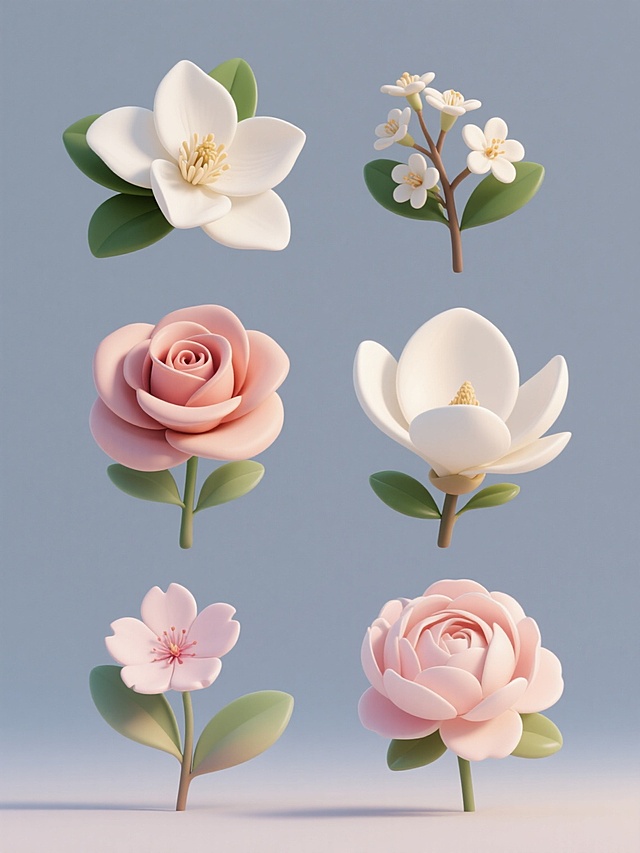 6个规整排布的素材，每张素材均为规整排布的单一花朵造型图案，花朵包含栀子花、桂花、玫瑰花、白玉兰、樱花、芍药基本元素内容，整体造型简约现代，采用纯色背景，软3D风格，花朵具有柔和的体积感，花瓣边缘平滑，花蕊细节清晰，花茎纤细，绿叶呈现自然的渐变色彩和轻微的光影效果，整体设计简洁大方，符合现代审美。