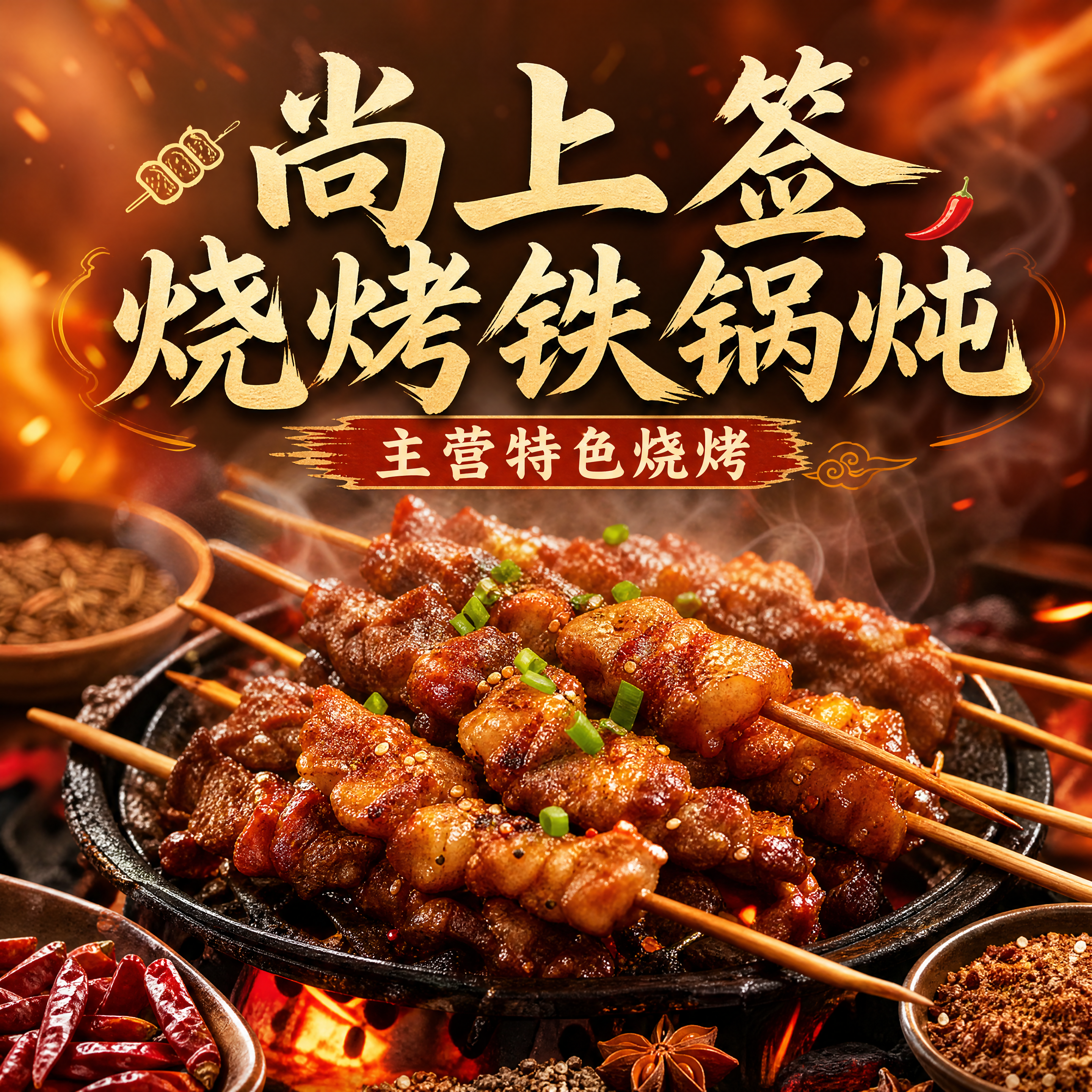 美团外卖烧烤店铺入口图，800x800正方形构图，整体风格热闹… - 图片创意预览