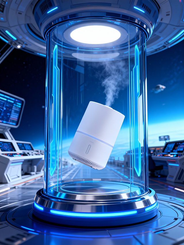 未来感十足的3D科幻场景，科技蓝光与透明玻璃舱交织，金属质感基座悬浮着清透加湿器，虚拟现实氛围中光影流动，展现极致科技美学。