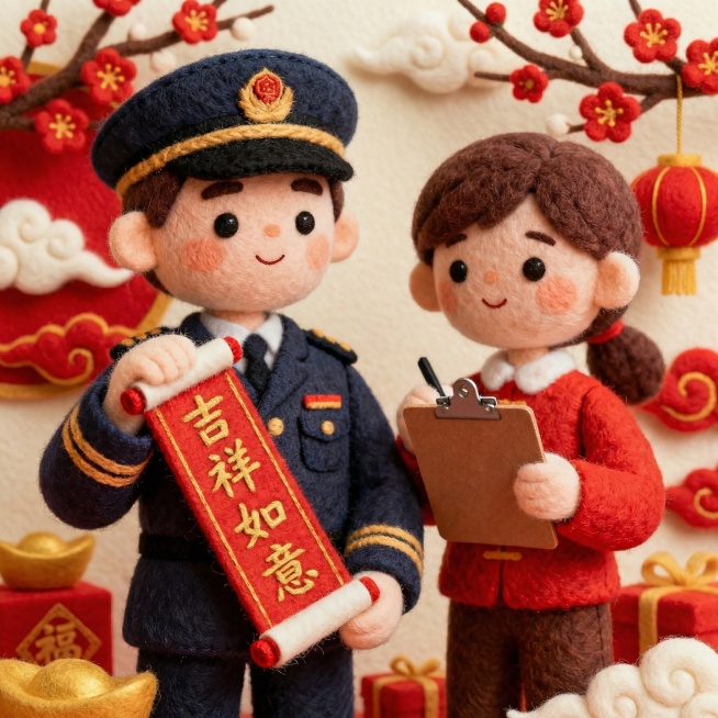 毛毡插画风格，两位管理人员巡视场景，一人手持"吉祥如意"喜庆书法字体卷轴，一人手持检查表，主色调中国红搭配金色，背景加入梅花、祥云等春节元素预览效果