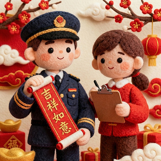 毛毡插画风格，两位管理人员巡视场景，一人手持"吉祥如意"喜庆书法字体卷轴，一人手持检查表，主色调中国红搭配金色，背景加入梅花、祥云等春节元素