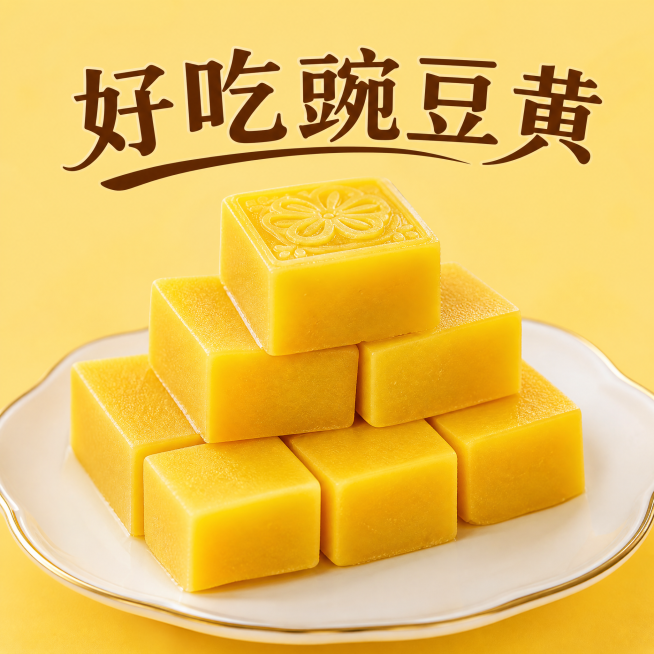 拼多多商品主图，展示豌豆粉制作成的豌豆黄成品甜品，色泽金黄诱人，配文字"好吃豌豆黄"，干净背景，1:1构图预览效果