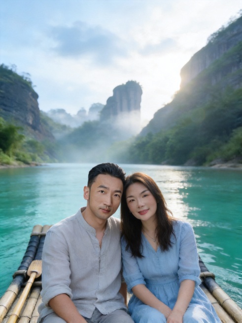 生成武夷山九曲溪竹筏双人合影写真（单幅画面，无拼图），保留第一位参考图男性脸型、发型、年龄特征，保留第二位参考图女性脸型、发型、年龄特征，忽略参考图原服装配饰，风格为清新治愈，低饱和清透蓝调，富士胶片预览效果
