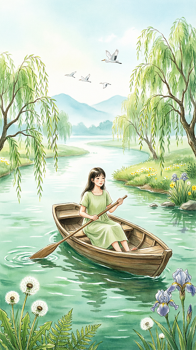 绿色清新风格的插画，描绘女孩划小船于绿河，岸边绿植环绕，色彩颗粒感与怀旧印刷质感，光线柔和，风景优美，氛围清新治愈