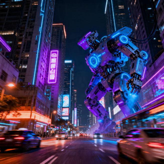 一张充满科技感的酷炫图，霓虹灯光效果，赛博朋克风格，未来都市夜景，机械元素点缀，整体视觉冲击力强，色彩对比鲜明，氛围炫酷预览效果