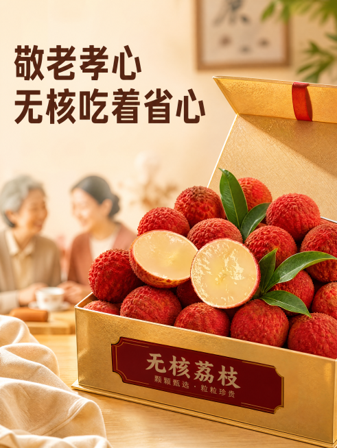 [主图] 敬老孝心无核吃着省心卖点。[氛围风格] 孝心送礼，省心方便。[画质] 温馨孝心场景摄影，清晰柔和。[元素] 礼盒装无核荔枝，打开拿出一颗切开展示无核，保持荔枝外形和参考图一致，不改变产品颜色预览效果