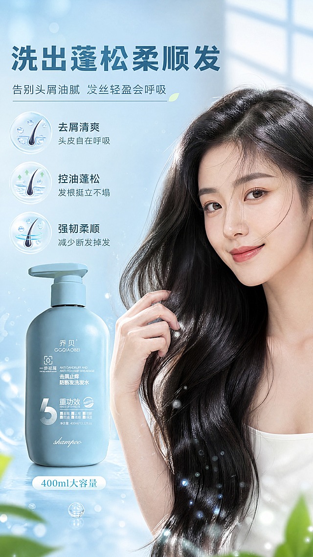 [商品] 使用【图1】乔贝GGQIAOBEI浅蓝色按压瓶洗发水；保留瓶身浅蓝色磨砂质感、按压泵头、品牌Logo及所有瓶身文字；瓶身结构比例不变，自然融入场景。
[画面] 页面目标：真人发丝效果展示，体现使用后柔顺蓬松状态。构图：右侧亚洲女性模特（肩部以上）展示柔顺有光泽的黑色长发，手指轻触发丝，左侧产品瓶身+文字信息区，产品占画面约30%，人物占画面约50%。景别：人物近景+产品中景。阅读动线：左侧标题→卖点→产品→右侧人物发丝效果。前中后景：前景飘散的细碎水光粒子，中景模特发丝+产品瓶身，后景浅蓝渐变+柔和窗光氛围。
[视觉] 套系策略：风格=美妆个护高级商业摄影风，清新治愈；标题字=现代无衬线粗体，圆润饱满；正文字=简洁无衬线体，纤细清晰；主色=浅天蓝#A8D8F0；背景延展=基于浅天蓝做深浅渐变、同色系层次、水光质感和细腻磨砂纹理；强调色=白色+浅薄荷绿，仅用于小面积图标、引线、标签和高光；标题色=深灰蓝#2C5F7C；正文色=中灰蓝#5A8AA6；组件=圆角半透明信息卡、细线引线、圆形icon徽章；光影=右侧柔和自然光，发丝呈现通透光泽感，瓶身带自然高光。
[文字] 左侧上部主标题「洗出蓬松柔顺发」，副标题「告别头屑油腻 发丝轻盈会呼吸」，下方3条效果描述：「去屑清爽 头皮自在呼吸」「控油蓬松 发根挺立不塌」「强韧柔顺 减少断发掉发」，底部产品旁标注「400ml大容量」，文字区不遮挡人物面部和发丝主体，所有文字横排，字号保证手机端清晰可读。
[规格] 图片比例9:16竖版，4K分辨率，负向提示：避免变形、错字、文字过小、瓶身颜色改变、结构失真、极限词、医疗功效承诺、生发防脱治疗表述、二维码、条形码。