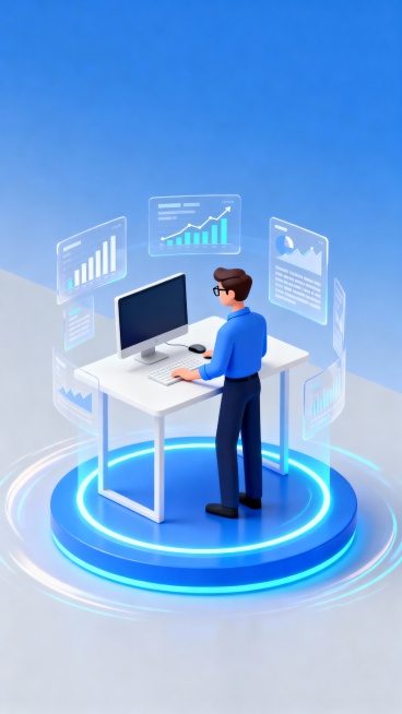 该广告图采用竖版构图，整体为3D扁平化插画风格。画面中心是一位戴眼镜的男性角色，身穿蓝色衬衫与深色长裤，正专注地在白色办公桌前使用电脑，姿态自然。桌面简洁，配备显示器、键盘和鼠标，周围环绕透明悬浮的数预览效果