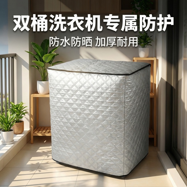 电商主图，银色菱格纹双桶洗衣机罩，放置在明亮整洁的阳台场景中，强烈光影对比突出质感，上方添加大字号文案"双桶洗衣机专属防护"，底部添加"防水防晒 加厚耐用"，整体风格醒目吸睛，3秒抓住视线预览效果