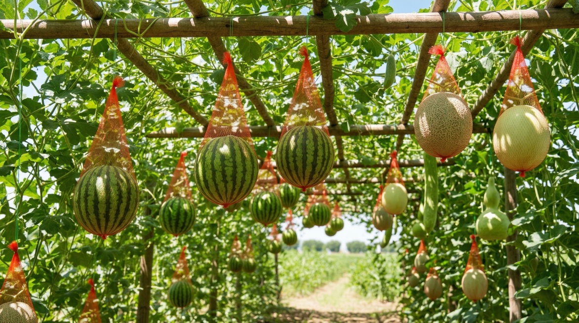 保留原图片中水果吊床的物体主体特征不变，包含西瓜网、哈密瓜网、黄瓜网等红色网袋，展示不同角度的垂直花园种植水果吊床场景，悬挂多种瓜果，超清画质，自然户外光照，细节清晰预览效果