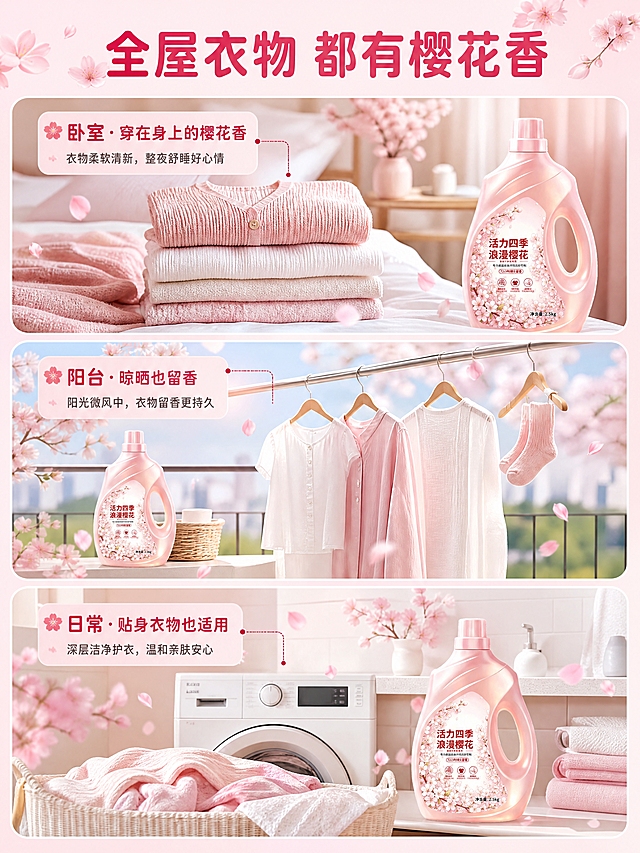 [商品] 使用【图1】活力四季浪漫樱花香氛洁净洗衣液，2.5kg粉色瓶装；保留瓶身结构、粉色材质、标签文字及樱花图案，商品原貌不变。
[画面] 页面目标：多场景氛围展示，体现融入日常生活的樱花香氛体验。构图：三格拼图场景型，分别为卧室（叠放整齐的香氛衣物）、阳台（晾晒衣物）、浴室/洗衣房（洗衣场景），每格都有产品小露出，产品主图在顶部或角落占画面约15%。景别：多场景中景拼贴。信息载体：每格场景配短标签，说明不同场景下的使用收益。背景：整体粉色调统一，三格场景各自独立但色调和谐，樱花花瓣贯穿。
[视觉] 套系策略：风格=国内电商高氛围感商业摄影风，浪漫柔美樱花主题；标题字=圆润黑体粗体；正文字=简洁无衬线黑体；主色=樱花粉（浅粉-中粉渐变）；背景延展=基于樱花粉做深浅层级、同色渐变和细腻花瓣/柔光质感；强调色=樱花红，仅用于小面积图标、引线和标签；标题色=深玫粉；正文色=暖粉灰；组件=圆角浅粉信息卡、细线引线、樱花花瓣装饰；光影=左前侧暖柔光，右侧轮廓光，整体明亮通透。
[文字] 顶部主标题「全屋衣物 都有樱花香」，三格分别标注「卧室·穿在身上的樱花香」「阳台·晾晒也留香」「日常·贴身衣物也适用」，全部横向排版，文字简洁清晰。
[规格] 图片比例3:4竖版，4K分辨率，负向提示：避免变形、错字、文字过小、冷蓝背景、瓶身颜色改变、标签错乱、场景杂乱、绝对化用语。