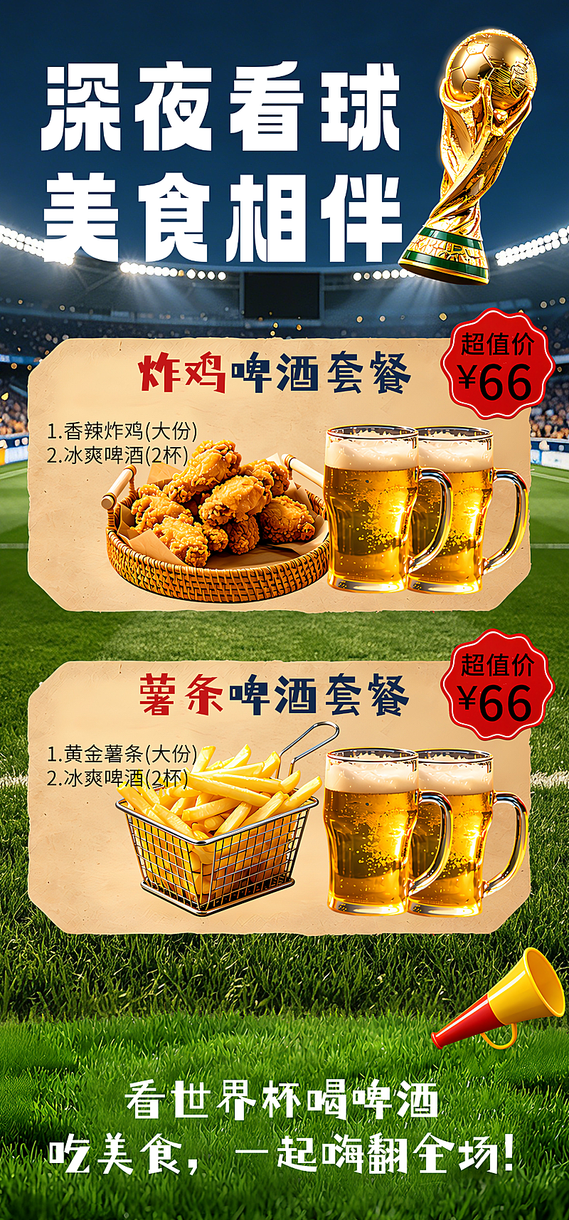 世界杯足球比赛休闲小吃套餐促销宣传全屏竖版海报
