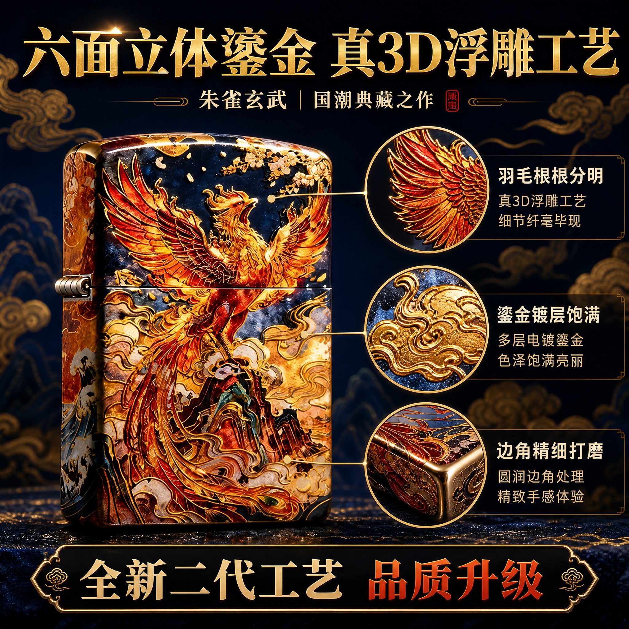 [主图-2 朱雀款] 核心工艺亮点证明，展示六面立体鎏金3D浮… - 图片创意预览
