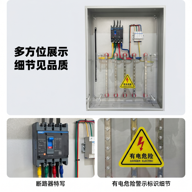 [主图 4] 配电柜多维度拼图展示；
[氛围/风格] 专业工业风，现代化干净工厂车间环境，整体风格光影与整套主图保持统一。
[画面元素] 商业摄影质感、光线柔和通透、产品清晰真实、画面干净高级。采用拼预览效果