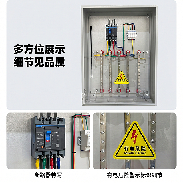 [主图 4] 配电柜多维度拼图展示；
[氛围/风格] 专业工业风，现代化干净工厂车间环境，整体风格光影与整套主图保持统一。
[画面元素] 商业摄影质感、光线柔和通透、产品清晰真实、画面干净高级。采用拼图布局，上方主图展示配电柜完整内部全貌，下方排列两张细节小图，分别展示断路器特写和有电危险警示标识细节，三图背景统一为干净浅灰色，产品外观与原图完全一致，光影协调统一。
[配色色系] 主色调：银灰柜体，干净浅灰背景；点缀彩色线路原色，保持整体风格统一。
[文字版式] 左侧大标题 "多方位展示\n细节见品质" 黑色加粗，左对齐排列，不遮挡产品主体。每张细节小图下方配小号说明文字标注细节名称，整体排版错落有致，文字清晰不压产品。
[比例分辨率] 1:1 比例，2k 分辨率；文字清晰可辨，超高清。
[负向提示词] 变形，水印，文字错乱，产品模糊，背景杂乱，光影不统一，拼图错位