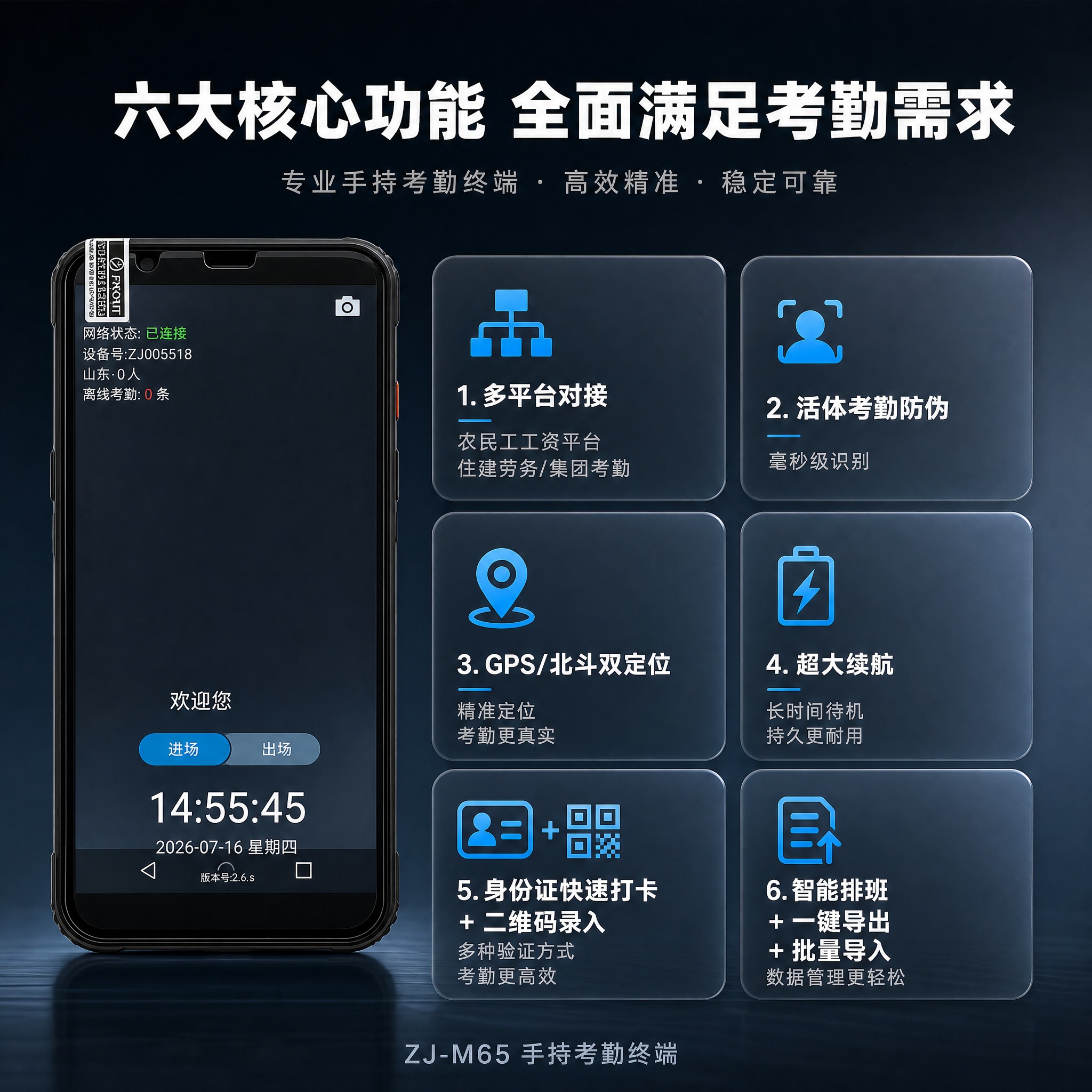 [主图-5] 规格功能总览主图，展示手持考勤机的全部核心功能与… - 图片创意预览
