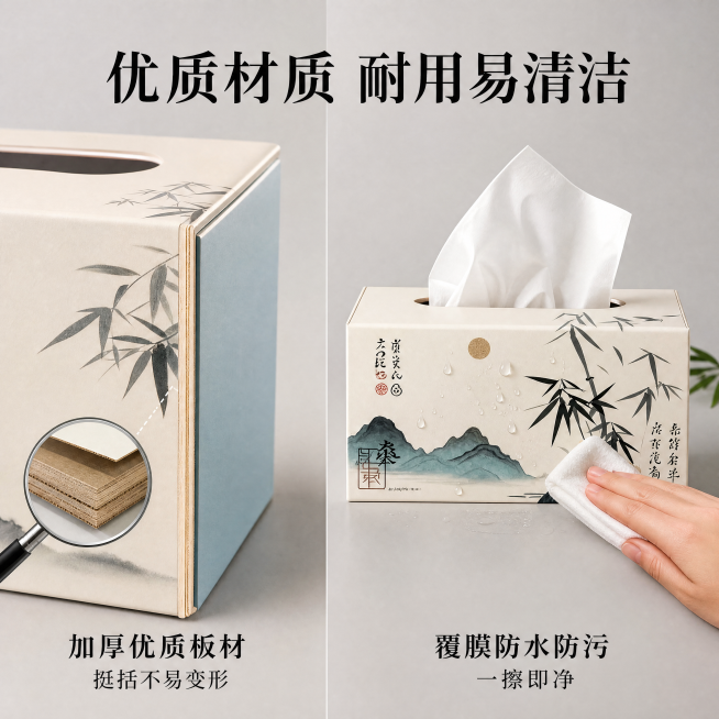 「图片1」「图片1」，生成一套主图（4张），商品名称是纸巾盒，卖点是，适配国风美学设计，适配多场景装修采用新中式水墨山水 + 竹子元素，自带禅意氛围感，完美适配中式酒店、民宿、茶室、会所、国风茶馆的装预览效果
