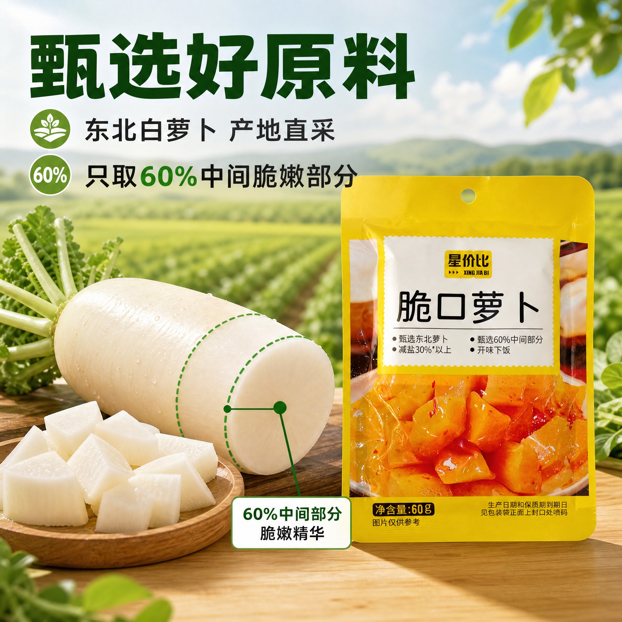 [主图-2 脆口萝卜] 原料溯源与核心卖点图，突出东北萝卜原料… - 图片创意预览