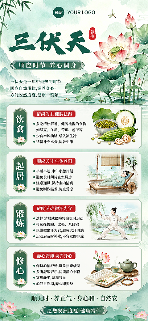 暑假三伏天养生知识科普分享古典清雅中国风全屏竖版海报