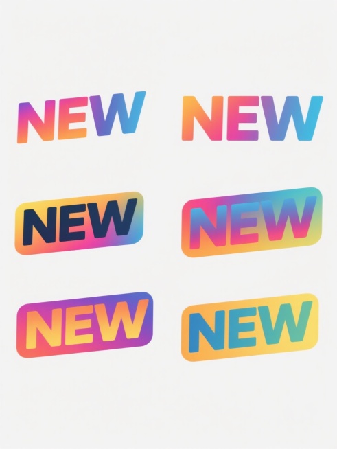 白色背景上，六个不同样式的“NEW”标签整齐排列，每个标签都具有鲜艳的渐变色彩，采用简洁的无衬线字体，设计风格现代、醒目，视觉层级清晰，信息传达高效，符合促销或新品宣传的海报设计感，整体布局均衡，留白适中，每个“NEW”元素既保持统一性又各具特色，形成和谐且富有变化的视觉效果。预览效果