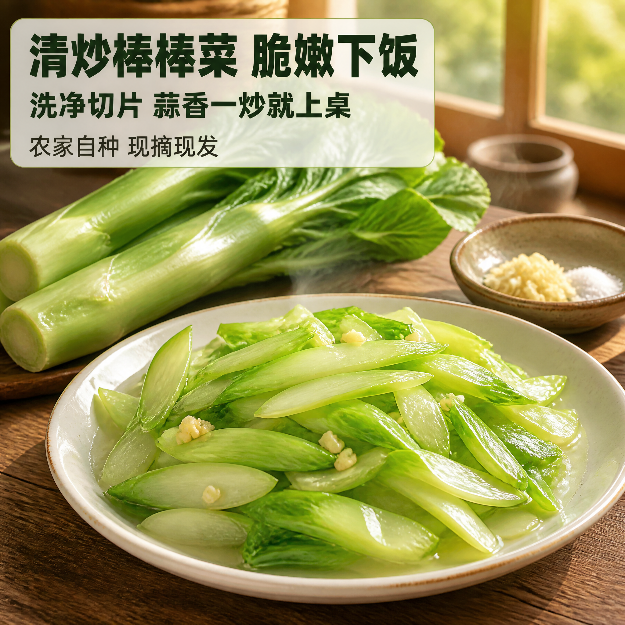 [主图-4] 农家自种棒棒菜（四川棒菜）清炒成品图，唯一任务：… - 图片创意预览