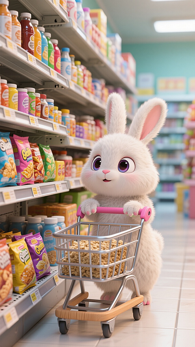 百货超市，头身比1:1的安哥拉兔推着购物车在买兔粮，眼睛闪亮四处张望，货架上摆满商品