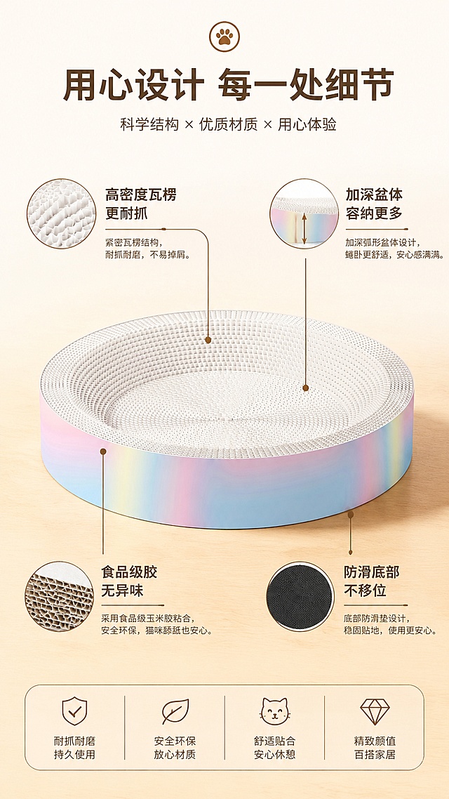 「图片1」「图片1」「图片1」生成一套详情页，商品名称为多功能猫抓板，适配淘宝/天猫平台，单图比例为9:16，需求屏数为8张。
1.产品名称：多功能猫抓板
2.核心买点：瓦楞纸耐抓，不掉屑，一板三用，可躺可抓，肥猫无忧，家具的救星
3.适合人群：多猫家庭，喜欢磨爪，破坏家具，喜欢睡快递壳，因为这个产品够高9cm，满足猫猫喜欢睡快递箱乐趣
4.希望场景：家具室内，原木暖暖色系
5.天然食品级别玉米胶
6.产品信息 需要详细说明  图片+表格形式
规格       尺码      尺寸        建议体重