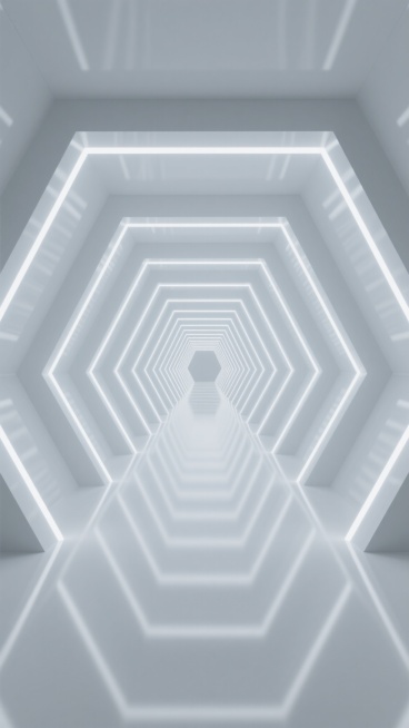 极简主义未来感空间场景，纯净白色调为主，由重复排列的几何立体结构构成深邃的隧道式空间，边缘镶嵌明亮的白色线条光源，光线柔和均匀地照亮整个空间并在地面形成清晰反射，营造出无限延伸的纵深感和宁静神秘的科技氛围，顶部和两侧墙面呈现出规则的几何切割面，整体风格简洁、现代、具有强烈的空间透视感，符合太空主题的空旷与科技感。预览效果