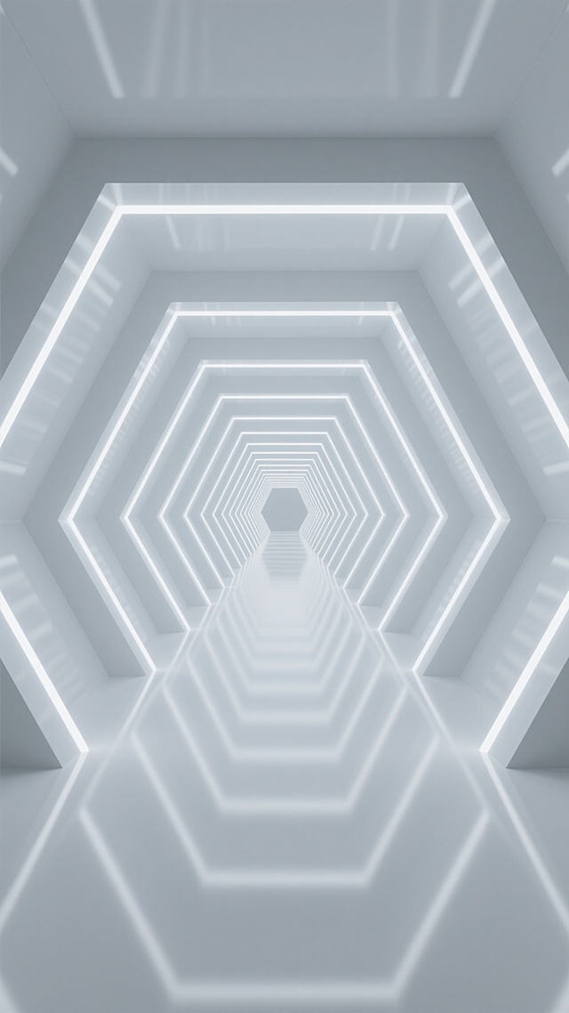极简主义未来感空间场景，纯净白色调为主，由重复排列的几何立体结构构成深邃的隧道式空间，边缘镶嵌明亮的白色线条光源，光线柔和均匀地照亮整个空间并在地面形成清晰反射，营造出无限延伸的纵深感和宁静神秘的科技氛围，顶部和两侧墙面呈现出规则的几何切割面，整体风格简洁、现代、具有强烈的空间透视感，符合太空主题的空旷与科技感。