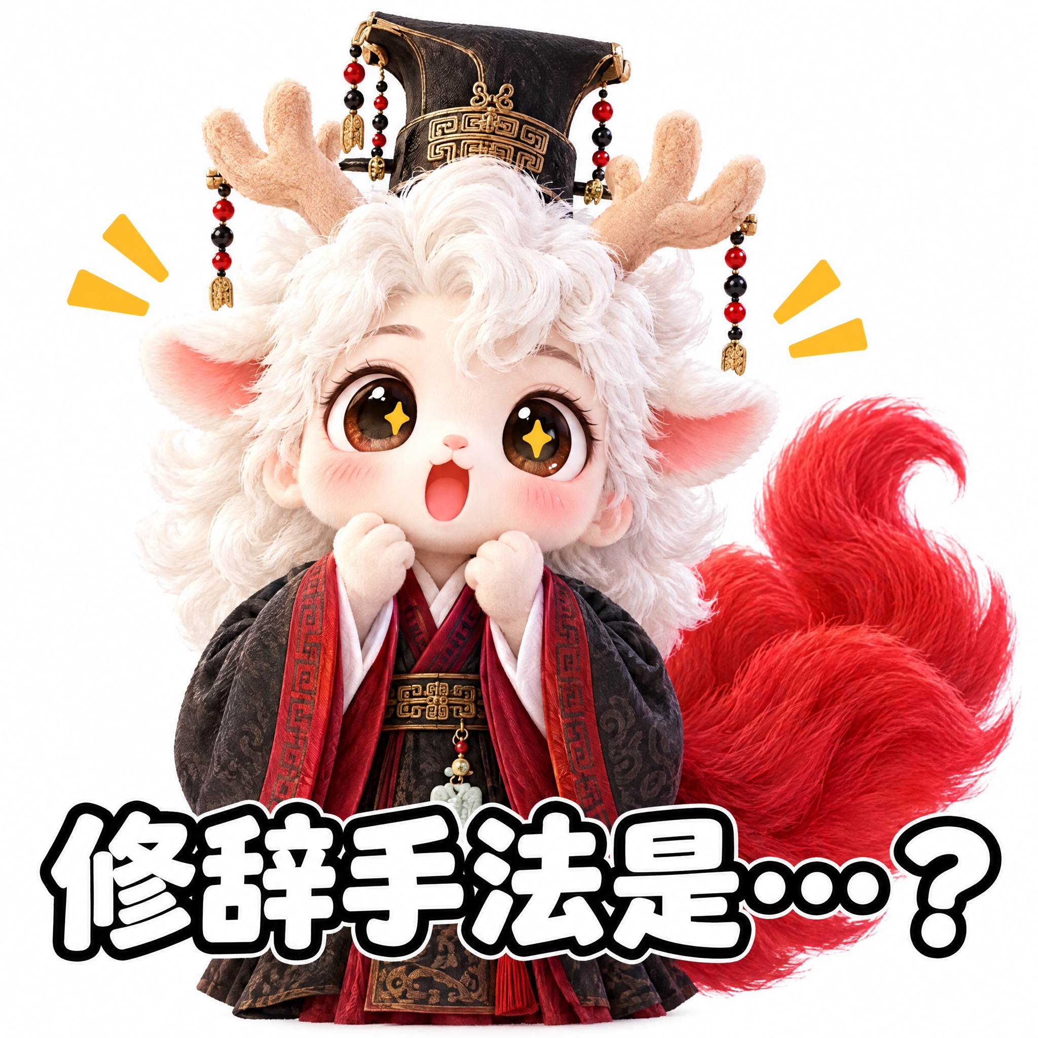 参考图中的白色鹿角人形神兽（穿黑红汉服、戴高冠），做成可爱表情… - 图片创意预览