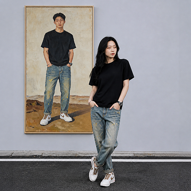 在不影响图片整体美感的前提下，将图片调整为1:1正方形主图，保持模特、服装和背景内容不变，保持原写实摄影风格，画质清晰，适合电商主图使用