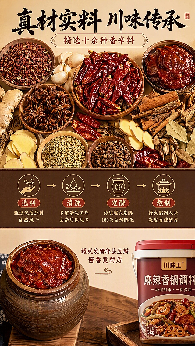 [第3张] 详情页原料与工艺展示-麻辣香锅调料川味原料与罐式发酵工艺。本张为原料专页，产品仅作辅助展示，主要展示真实原料。
[氛围/风格] 产地原料实拍风+传统工艺感，暖棕色调，真实自然。
[元素布局] 画面上半部分为原料平铺俯拍：红花椒、干红辣椒、郫县豆瓣、八角、桂皮、姜片、蒜粒等川味香料满满铺开，占画面约50%；中间一条深棕色工艺时间轴，标注「选料→清洗→发酵→熬制」四步传统工艺；下半部分左侧放一小罐发酵中的豆瓣示意，右侧露出产品桶装一角（占比约15%）；原料颗粒清晰，质感真实。
[光影质感] 自然光从上方洒落，原料表面有自然光泽，豆瓣油润，干辣椒褶皱清晰，整体温暖有质感。
[配色色系] 全局底色 #F5E6D3（暖棕米）；主色红棕、辣椒红；辅助色深褐、姜黄。
[视角构图] 上中下三段式竖构图，俯拍原料+平视工艺条+产品点缀，阅读动线自上而下。
[文字版式] 顶部主标题「真材实料 川味传承」，书法感粗黑体；原料区标注「精选十余种香辛料」；工艺四步每步配小标题和简短说明；底部小字「罐式发酵郫县豆瓣 酱香更醇厚」；字色为深棕+橙红，全套字色与前页统一。
[比例分辨率] 9:16 竖版比例，4K 分辨率，文字清晰可辨，高清画质。
[负向提示词] 原料不真实，画面杂乱，文字模糊，水印，颜色灰暗，产品占比过大。