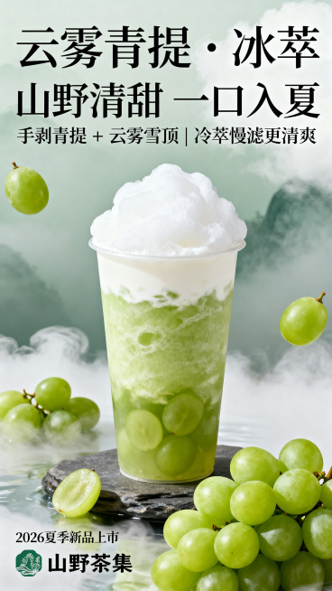 饮品宣传海报，主标题为"云雾青提・冰萃"，副标题为"山野清甜 一口入夏"，卖点文字是"手剥青提 + 云雾雪顶 | 冷萃慢滤更清爽"，左下角标注"2026 夏季新品上市"和品牌"山野茶集"，整体风格是清预览效果