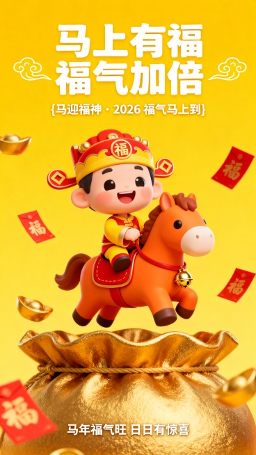 1. 主题：马上有福・福气加倍
萌 3D 卡通风格，高饱和度亮黄色背景，画面中心是头戴福字冠、身穿红黄相间喜庆服饰的卡通福神，笑容灿烂骑在造型呆萌的 橙色小矮马 上，小马配有红色鞍座与金色铃铛装饰。画预览效果